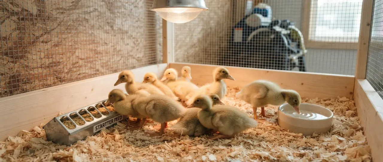 Healthy ducklings in a clean brooder